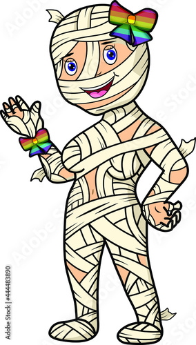 Pride Mummy Cartoon Vector Illustration Egyptian Mummies LGBT+ Supportive Mom In Cloth Wrapping Bandages with Rainbow Bow Ribbons Cute Graphic Kids Artwork