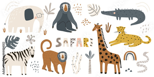 Photography Seamless pattern with cute exotic animals monkeys, rainbows and exotic leaves on a white background