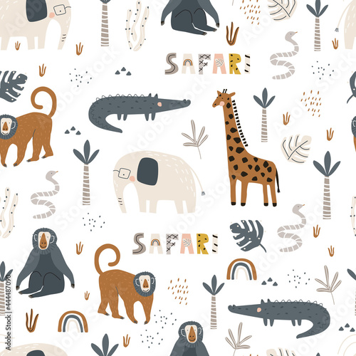 Photography Seamless pattern with cute safari animals giraffe, elephant, monkey, crocodile and snake on a white background