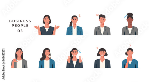  People portraits of businesswomen with negative emotion, female faces avatars isolated icons set, vector flat design illustration