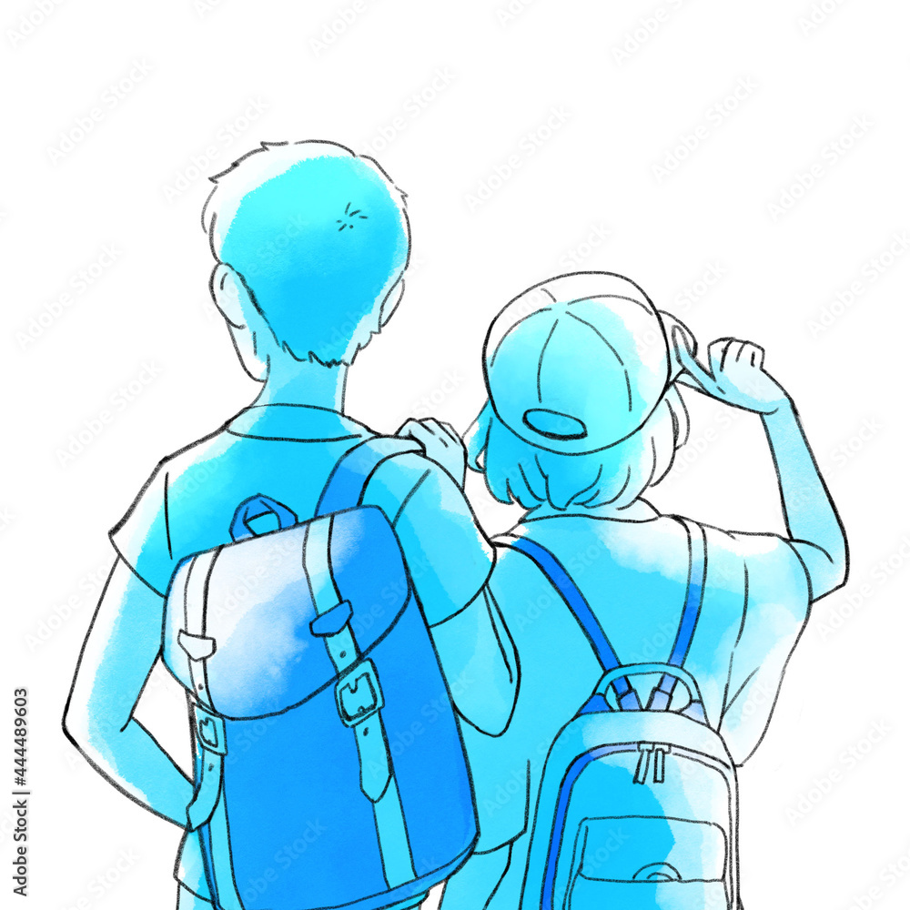リュックを背負った男女の後ろ姿のイラスト Stock Illustration Adobe Stock