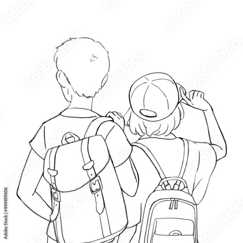 リュックを背負った男女の後ろ姿のイラスト