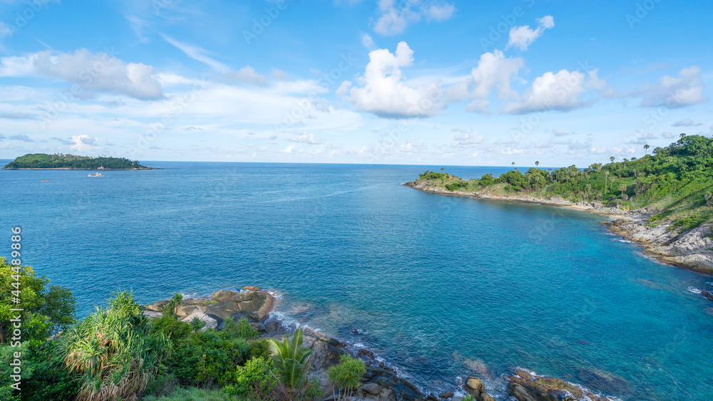 Fototapeta premium Nature view of Laem promthep cape Beautiful scenery andaman sea in summer sunny day Amazing landscape in phuket thailand Beautiful travel background.