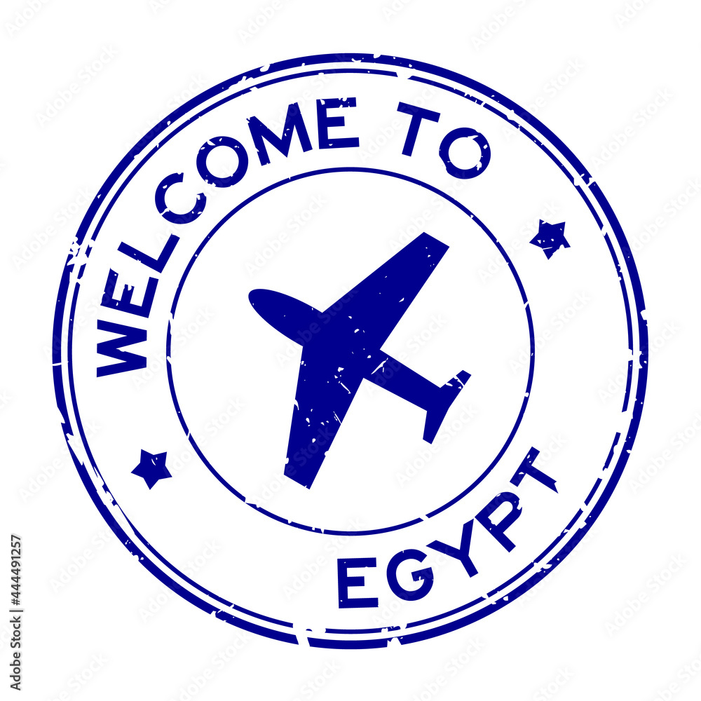Grunge blue welcome to Egypt word with airplane icon round rubber seal stamp on white background Grunge blue welcome to Egypt word with airplane icon round rubber seal stamp on white background