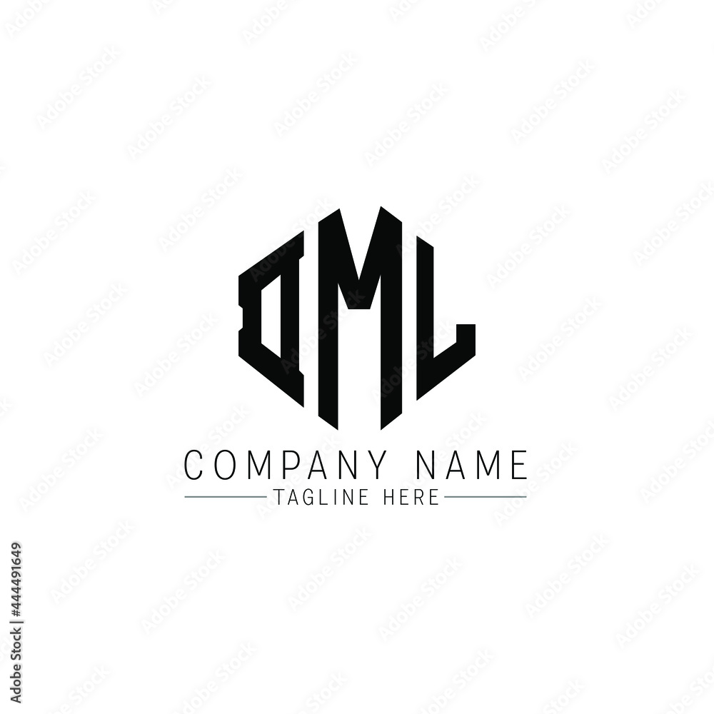 DML letter logo design with polygon shape. DML polygon logo monogram. DML cube logo design. DML hexagon vector logo template white and black colors. DML monogram, DML business and real estate logo. 