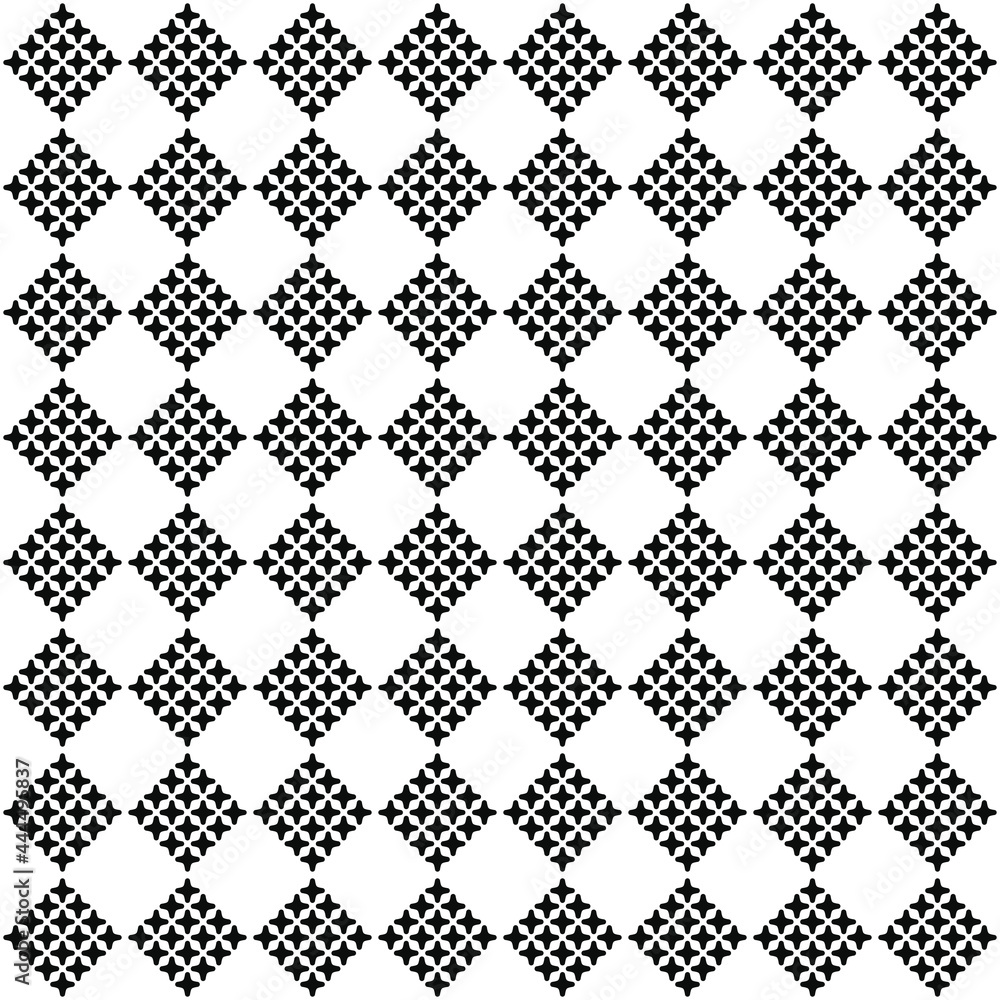 Twelve identical shapes with four rays create a diagonal black square. The chess position of such pieces makes a seamless pattern. Vector.