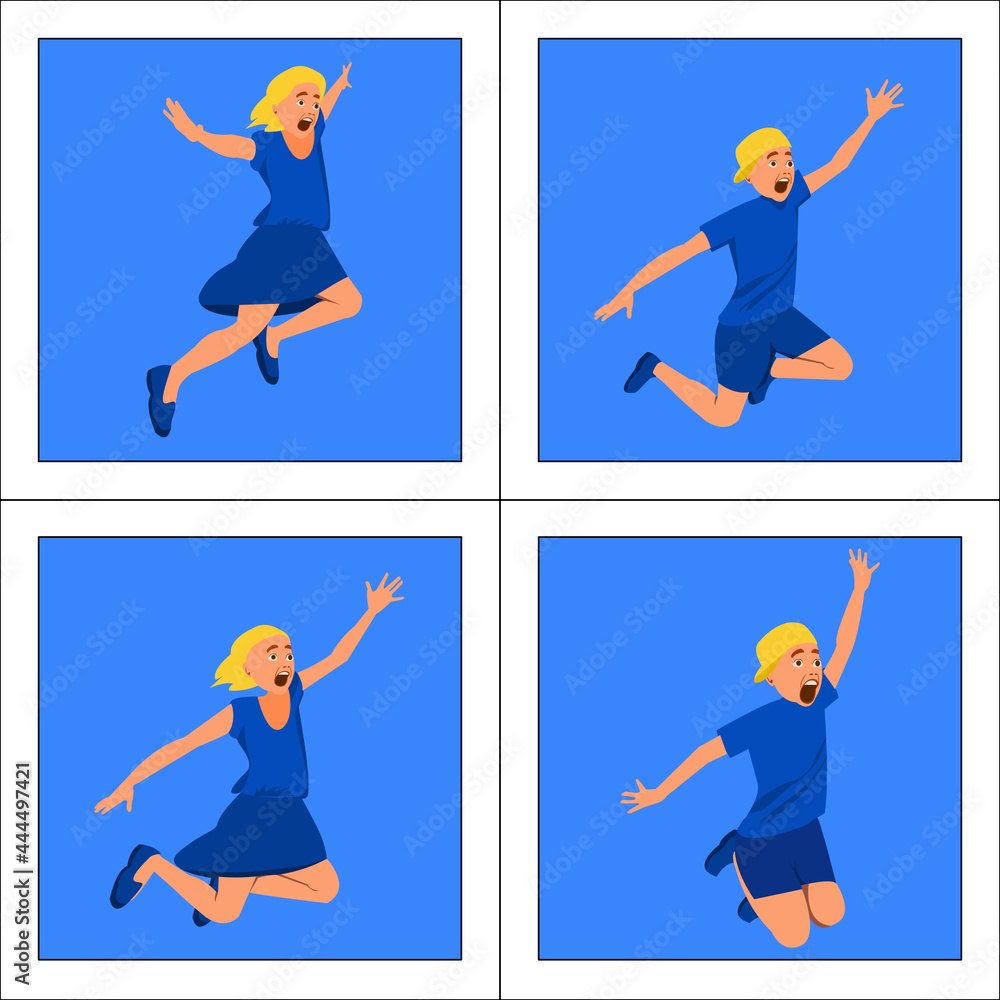 Set Cartoon cute kids (boys and girls)  wearing blue shorts and skirt  ,yellow cap and sneakers is jumping very style on blue background.Vector isolate flat design concept for freedom and relaxing.