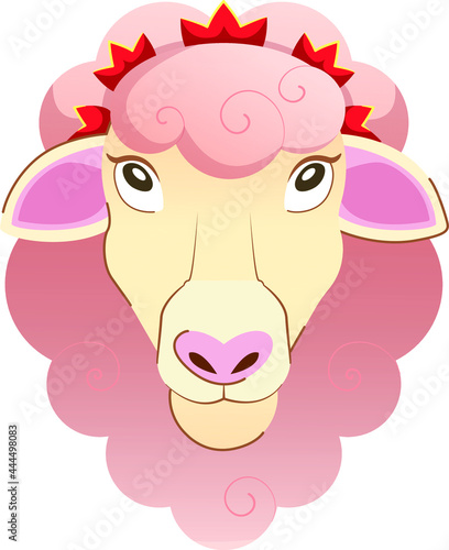 A sheep with a wreath of flowers on its head