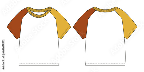 Basic Tee shirt  overall  technical fashion flat drawing template. Blank flat Short sleeve t-Shirt design for kids.  Vector illustration Front and Back View.