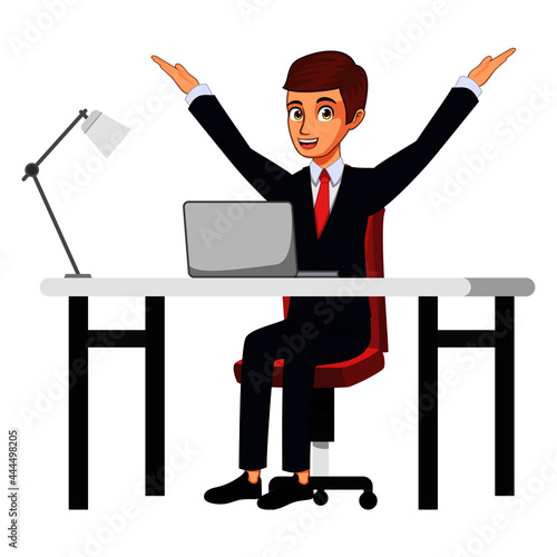 Businessman character setting on desk with laptop