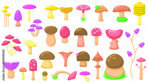 Set Abstract Collection Flat Cartoon  Different Color Mushrooms Concept Vector Design Style Elements With Shadows