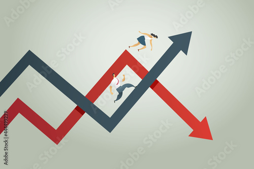 Bankruptcy business woman Fell from the chart down arrow, business man, make profit, arrow pointing up. profit and loss trading concept. illustration vector Eps10 