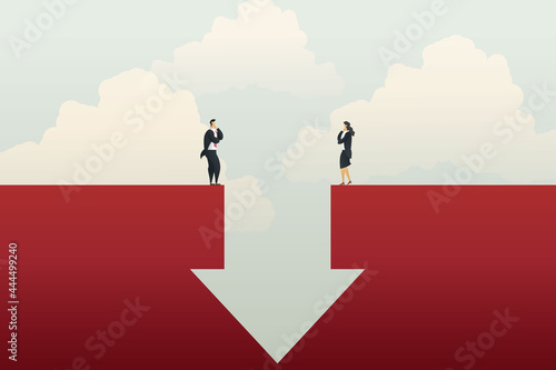 Businessman and businesswoman standing on each side down arrow graph profit loss, crises and financial losses in the trading market. illustration vector Eps10 