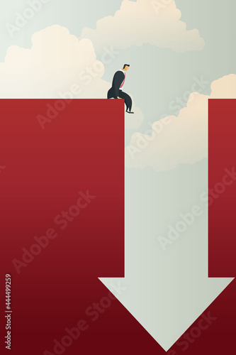 Businessman sad sitting on each side down arrow graph profit loss, crises and financial losses in the trading market. illustration vector