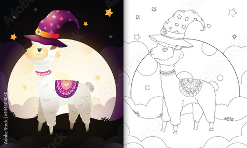 coloring book with a cute cartoon halloween witch alpaca front the moon