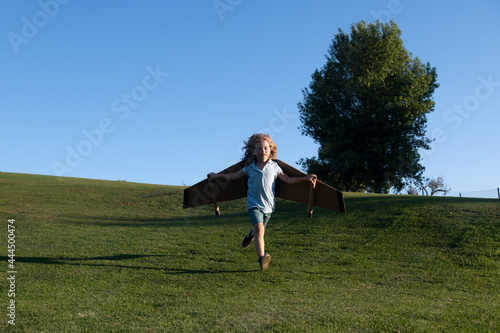Child running on grass in park. Child flying in plane made craft of cardboard wings. Dream, imagination, childhood. Travel and summer vacation concept.