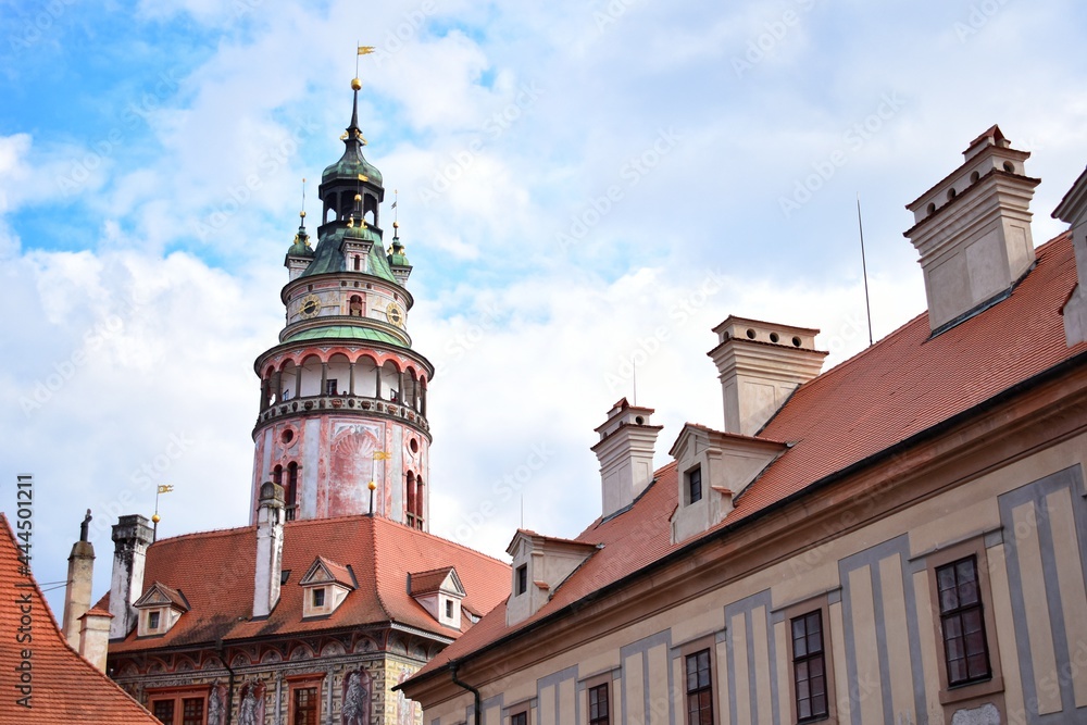 Beautiful view of Cesky Krumlov Castle Tower, Czech republic. The origins of this structure are partly Gothic and partly Renaissance. Beautiful view of Cesky Krumlov Castle Tower, Czech republic. The origins of this structure are partly Gothic and partly Renaissance.
