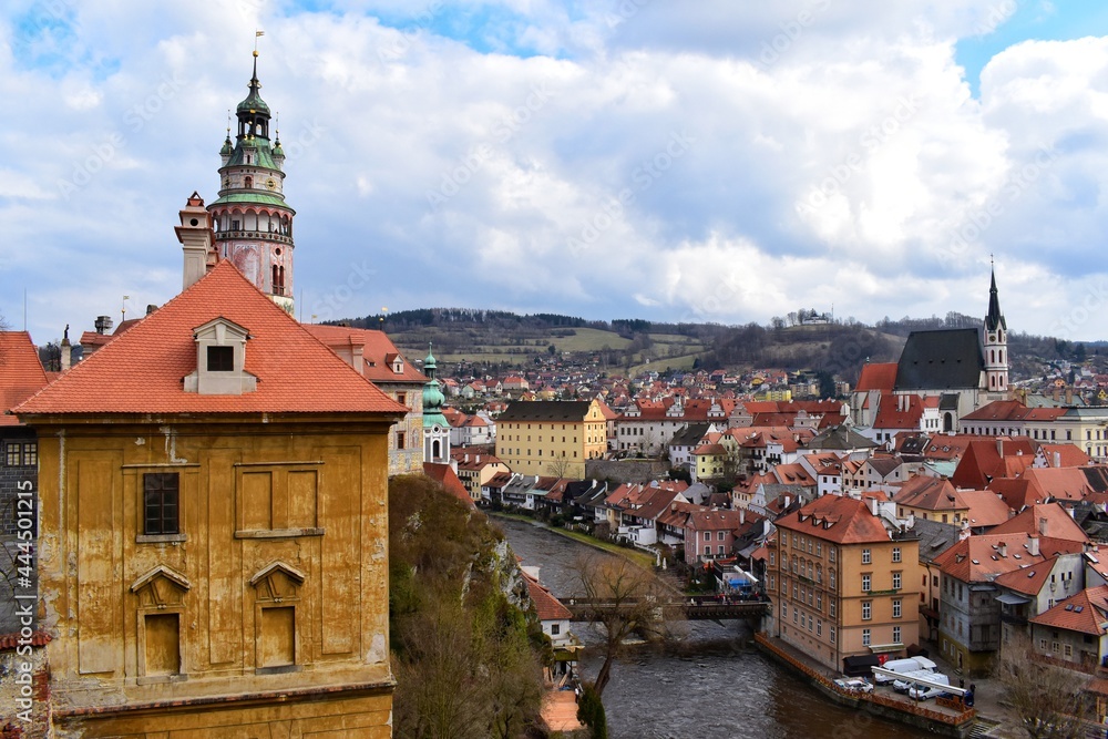 Beautiful view of Cesky Krumlov Castle Tower, Czech republic. The origins of this structure are partly Gothic and partly Renaissance.