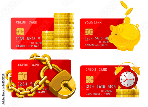 Set on finance and banking theme with chipped credit card, bunch of golden coins, padlock, piggy bank and alarm clock. Concepts of wealth, savings money, receiving a cash back. Vector illustration.