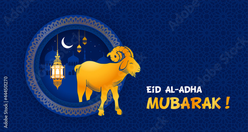 Eid Mubarak celebration Greeting card. Festive design for Muslim festival Eid Al Adha with goat, silhouette of mosque, lanterns and crescent on night blue background. Vector illustration.