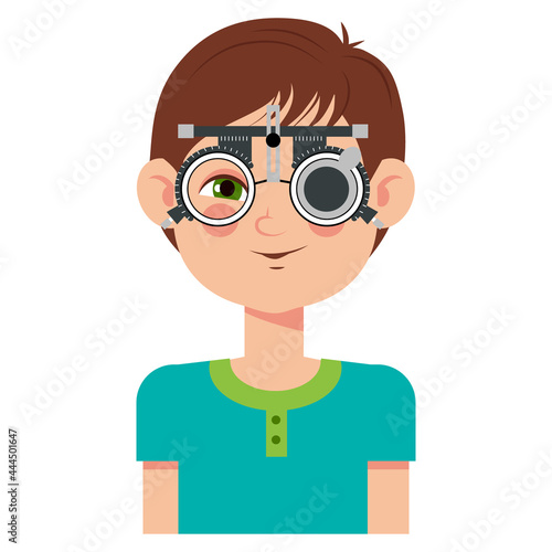 Children vision checkup in ophthalmological clinic. Optometrist checking kid eyesight with spectacles medical equipment. Glasses lens selection. Boy flat cartoon character