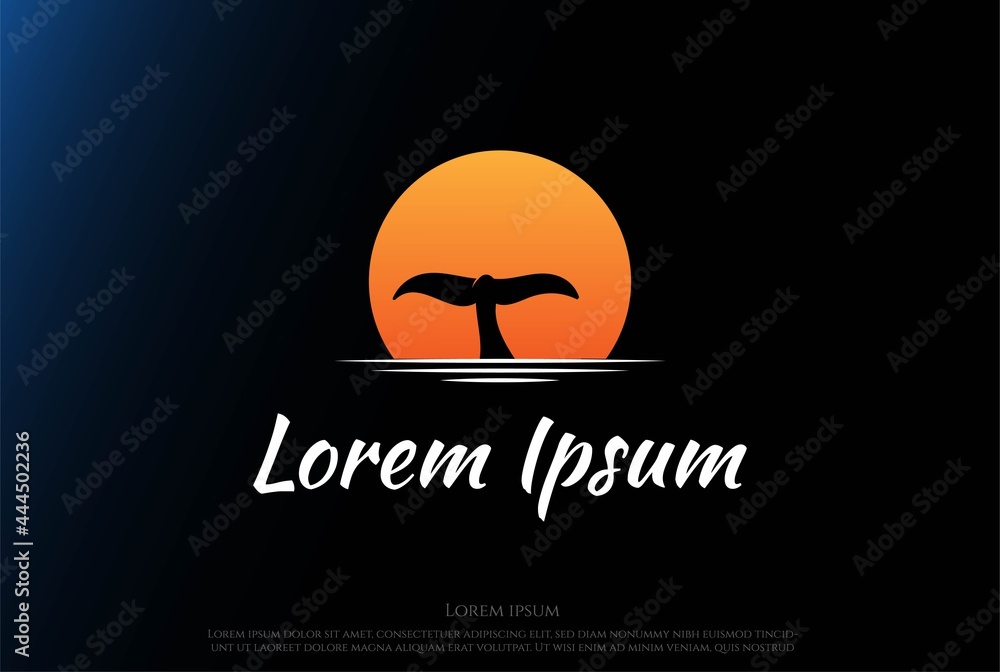 Obraz premium Simple Minimalist Sunset Sunrise with Whale Dolphin Tail Logo Design Vector