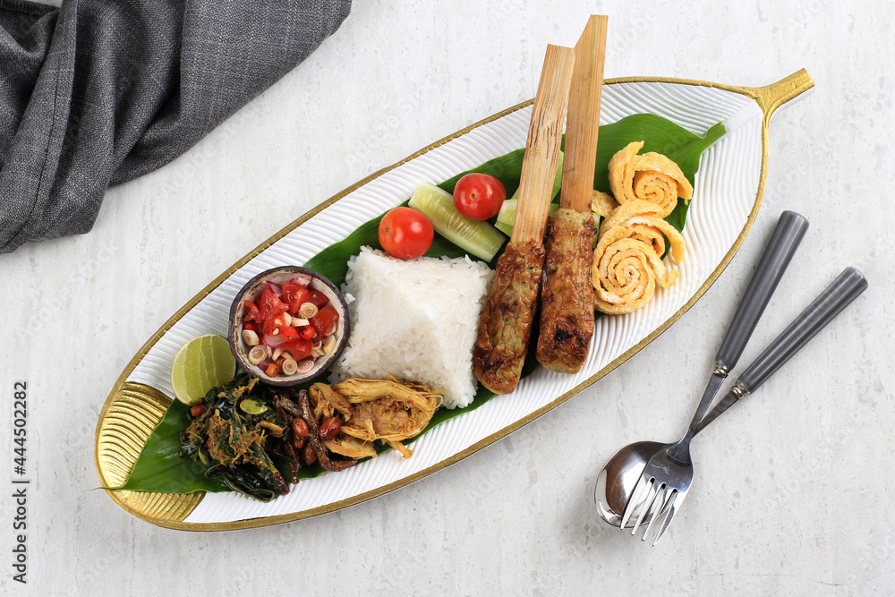 Top View Nasi Campur Bali Popular Balinese Meal Of Rice With Various top-view-nasi-campur-bali-popular-balinese-meal-of-rice-with-various