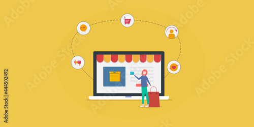 Woman with credit card and shopping bag in a customer journey process, making purchase decision, buyer journey map concept with character yellow background.