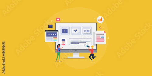 Team of content marketing women promoting digital content on social media network, woman with megaphone, business communication, digital marketing, blog post content concept with yellow background.