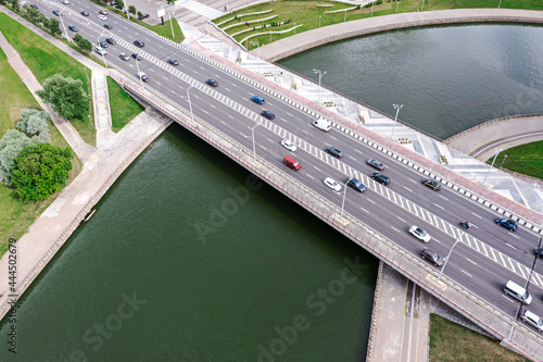 aerial view of urban bridge with cars traffic at rush hour