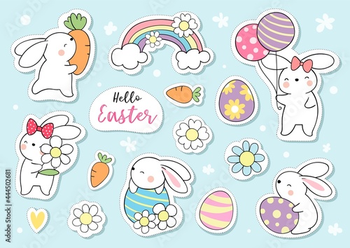 Draw collection stickers cute bunny for Easter and spring