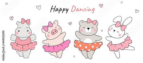 Draw happy animal dancing Girl funny concept Cartoon style