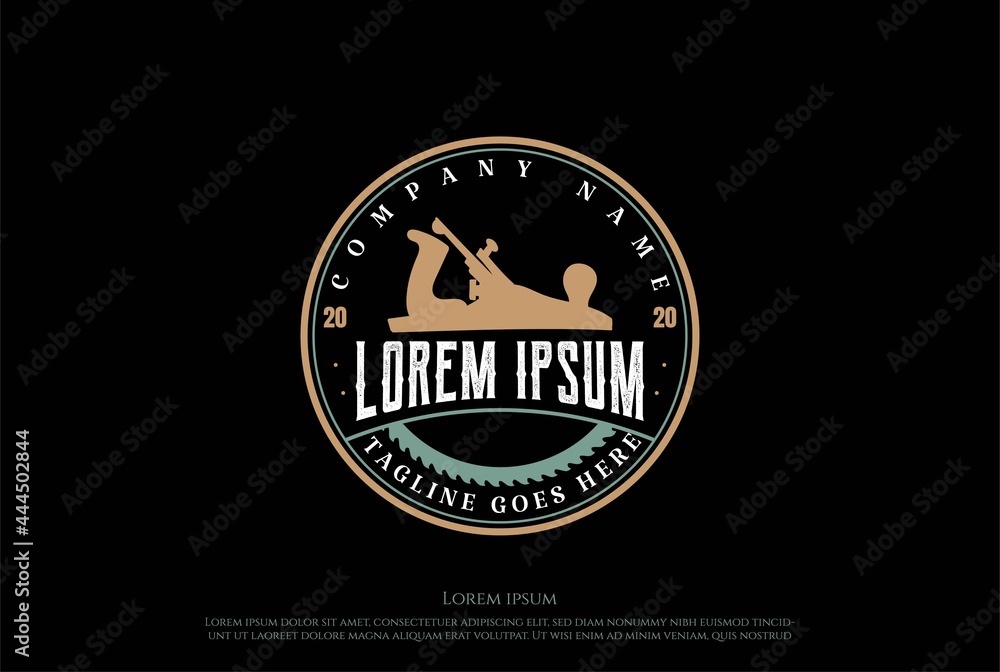 Fototapeta premium Retro Vintage Woodworking Wood Fore Jack Plane Circular Blade Sawmill Logo Design Vector