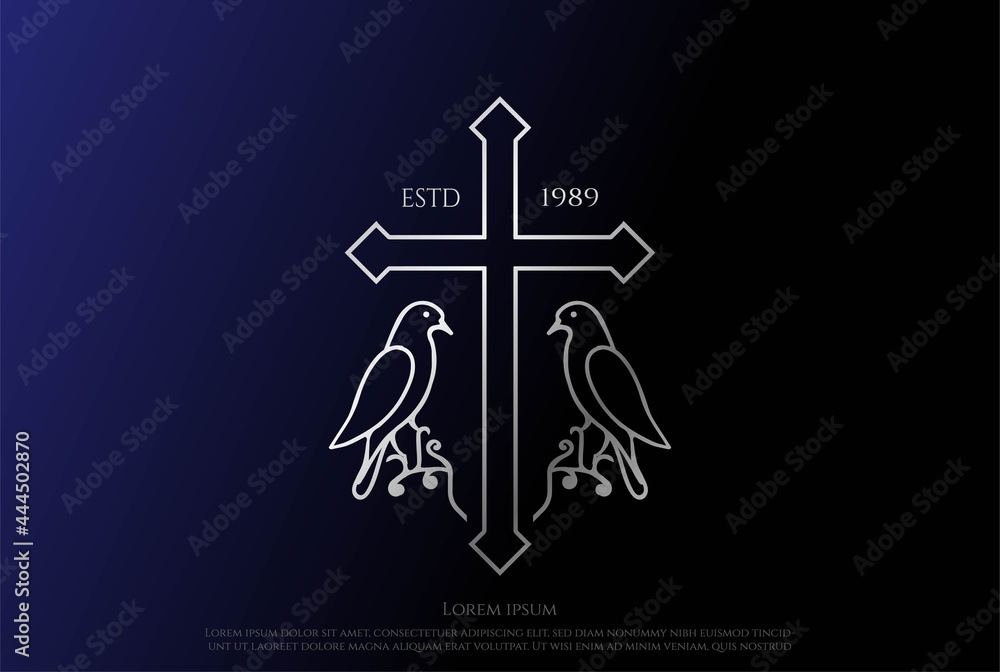 Simple Minimalist Christian Jesus Cross with Dove Pigeon Line Outline for Church Chapel Logo Design Vector Simple Minimalist Christian Jesus Cross with Dove Pigeon Line Outline for Church Chapel Logo Design Vector