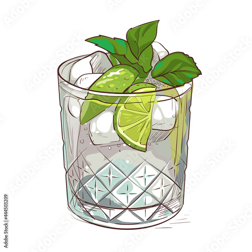 Mojito cocktail, hand drawn cocktail with ice, mint and lime. Vector illustration