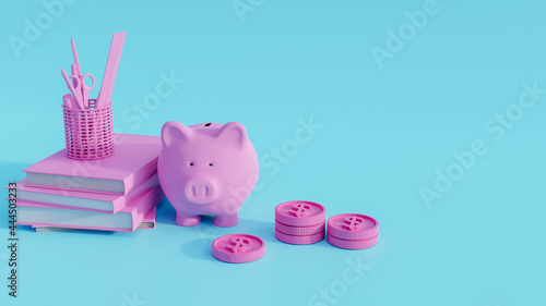 piggy bank on books and coins stack. 3D Render.