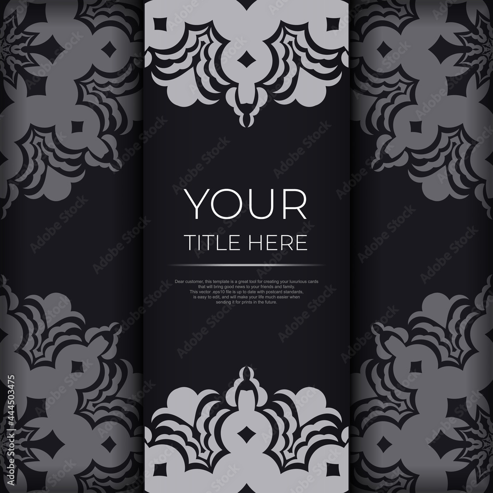 Ready-made invitation card design with abstract vintage ornament. Black and silver luxurious colors. Can be used as background and wallpaper. Elegant and classic vector elements