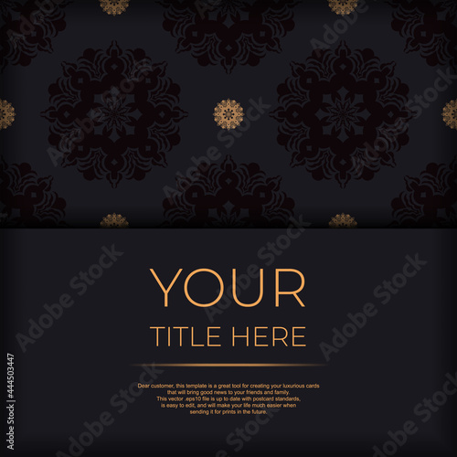 Ready-made postcard design with abstract vintage ornaments. Black-gold luxurious colors. Can be used as background and wallpaper. Elegant and classic vector elements ready for print and typography.