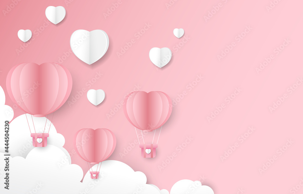 Pink vector modern wallpaper.Hot air balloon paper cut and white hearts.
