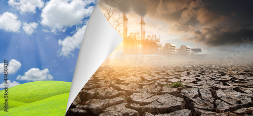 Slika na platnu The picture of the industrial environment and the arid environment caused by the greenhouse effect of the environment open paper next page into a complete environment