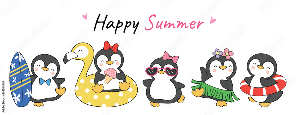 Draw banner design cute penguin summer