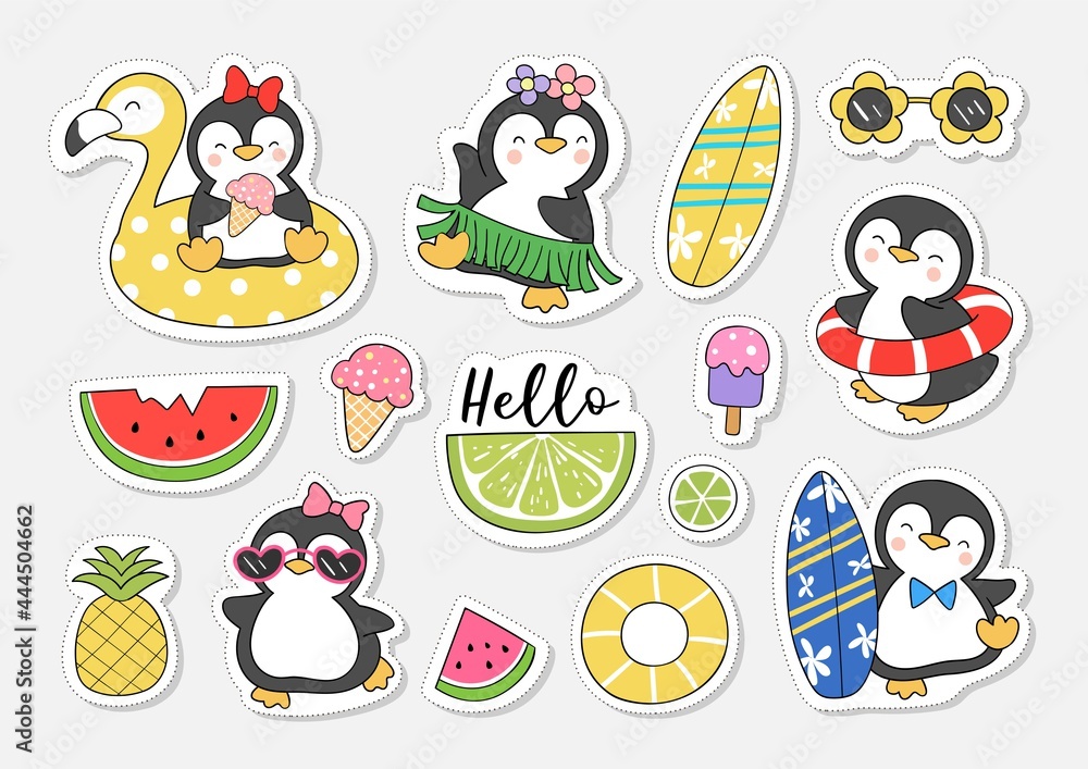 Draw collection stickers cute penguin for summer