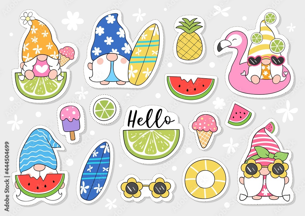 Draw vector illustration character design collection stickers cute gnome for summer Cartoon style