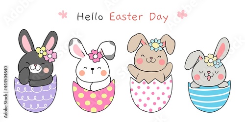 Draw banner cute bunny in eggs for Easter and spring