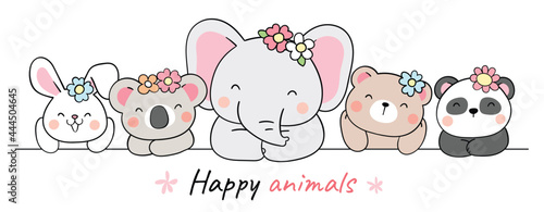 Draw banner design cute animal with flower for spring