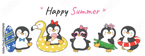 Draw banner design cute penguin summer