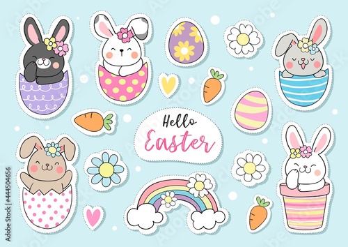 Draw collection stickers bunny for Easter and spring