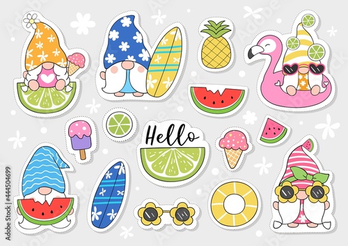 Draw vector illustration character design collection stickers cute gnome for summer Cartoon style