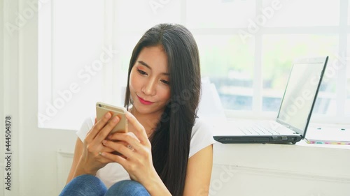 woman typing on touch screen cellphone chat message on social comunication