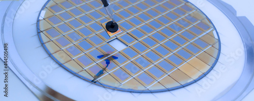 Silicon wafer with microchips fixed in a holder with a steel frame after the dicing process and separate microchips. photo